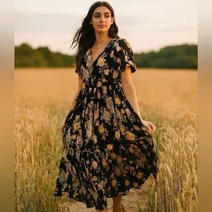 Vintage SCARLET Floral Black Maxi Dress Large